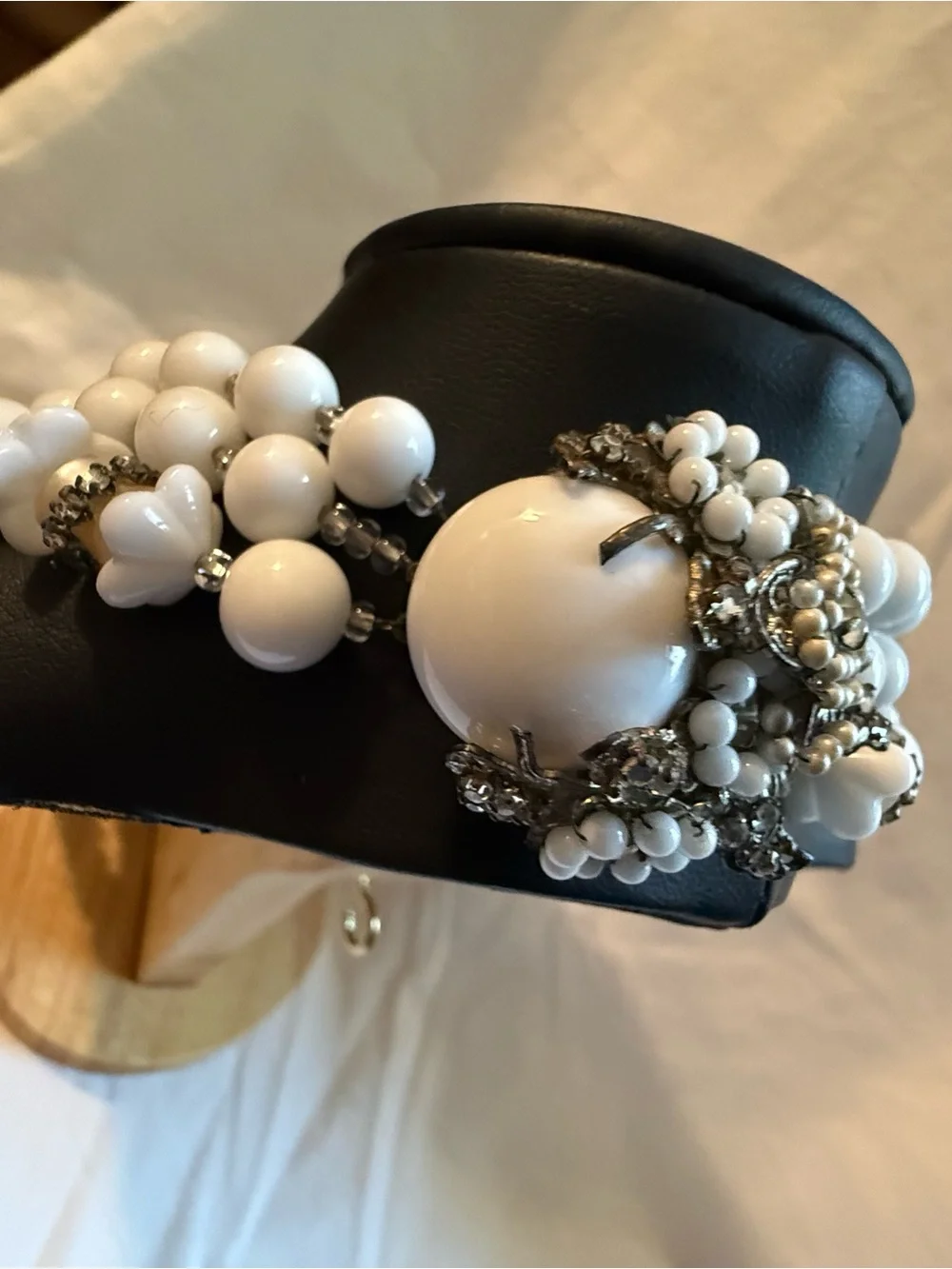 Miriam Haskell White Beaded Multi-Strand Necklace with Rhinestone Spacers